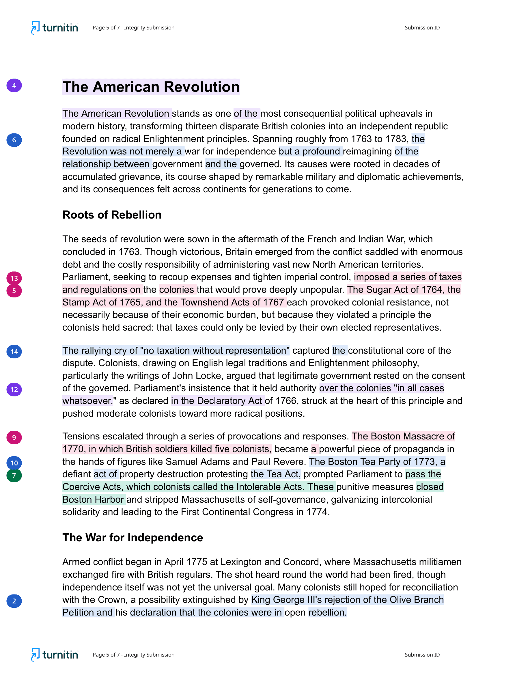 A page from a real Turnitin PDF report, showing colour-coded matches and numbered sources in a synthetic American Revolution essay.