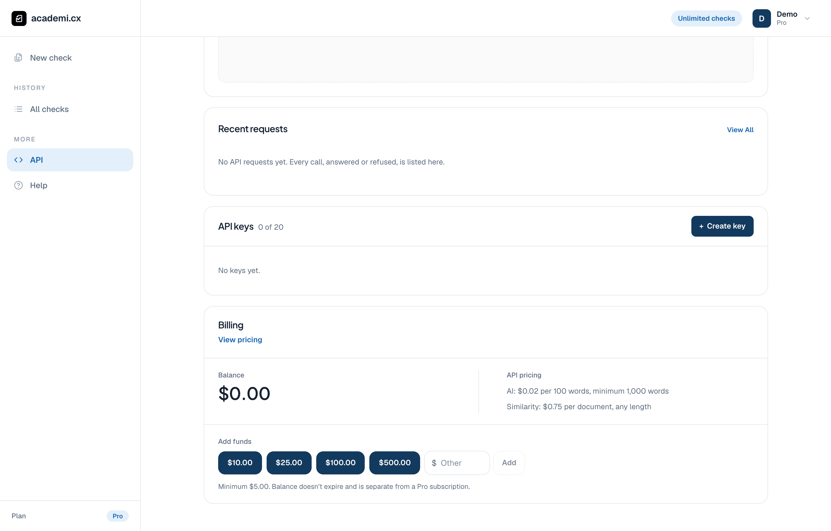 The API dashboard showing API key management and integration links