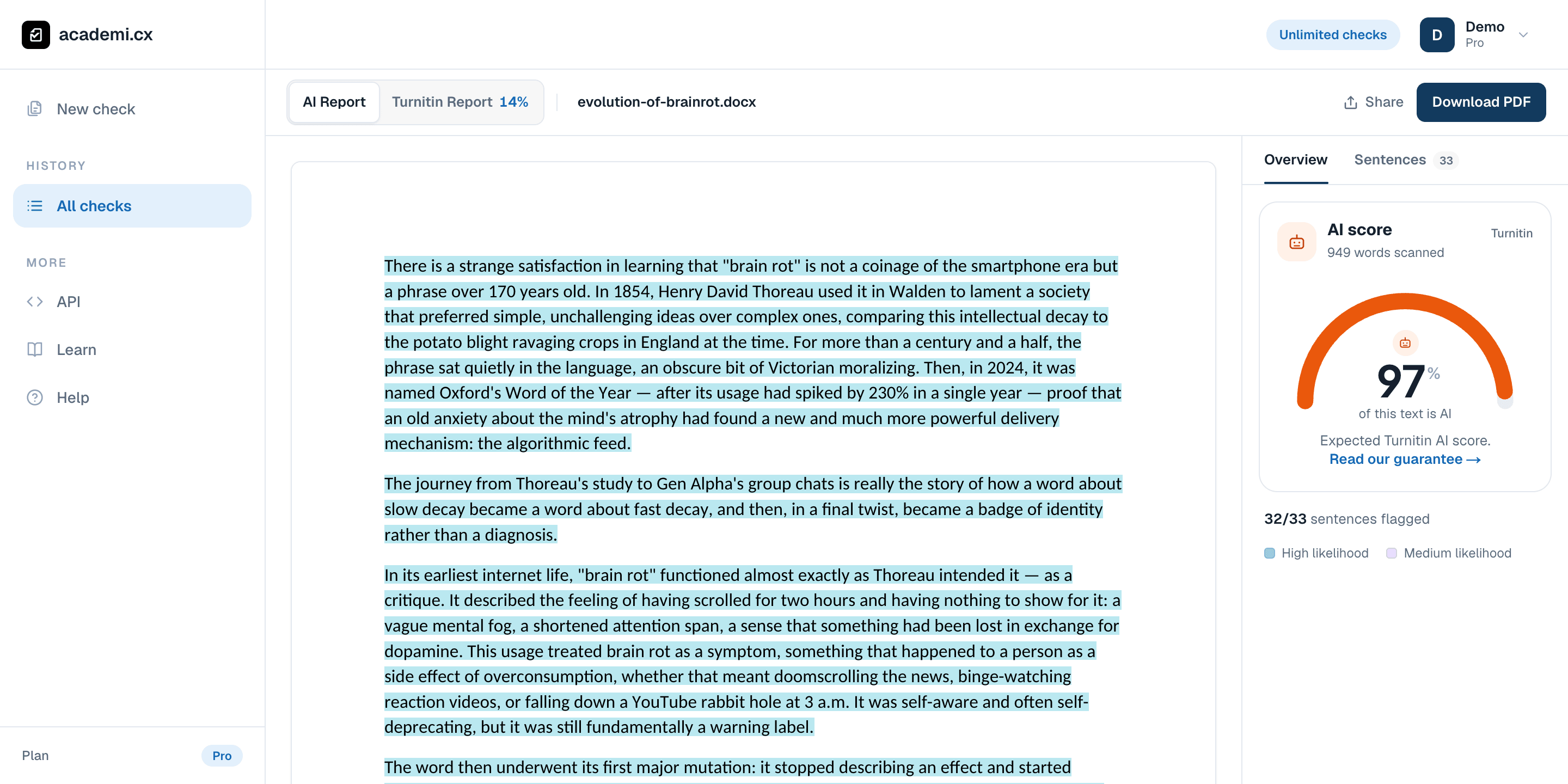 A document in the report viewer, with AI highlights and its 97% overview score