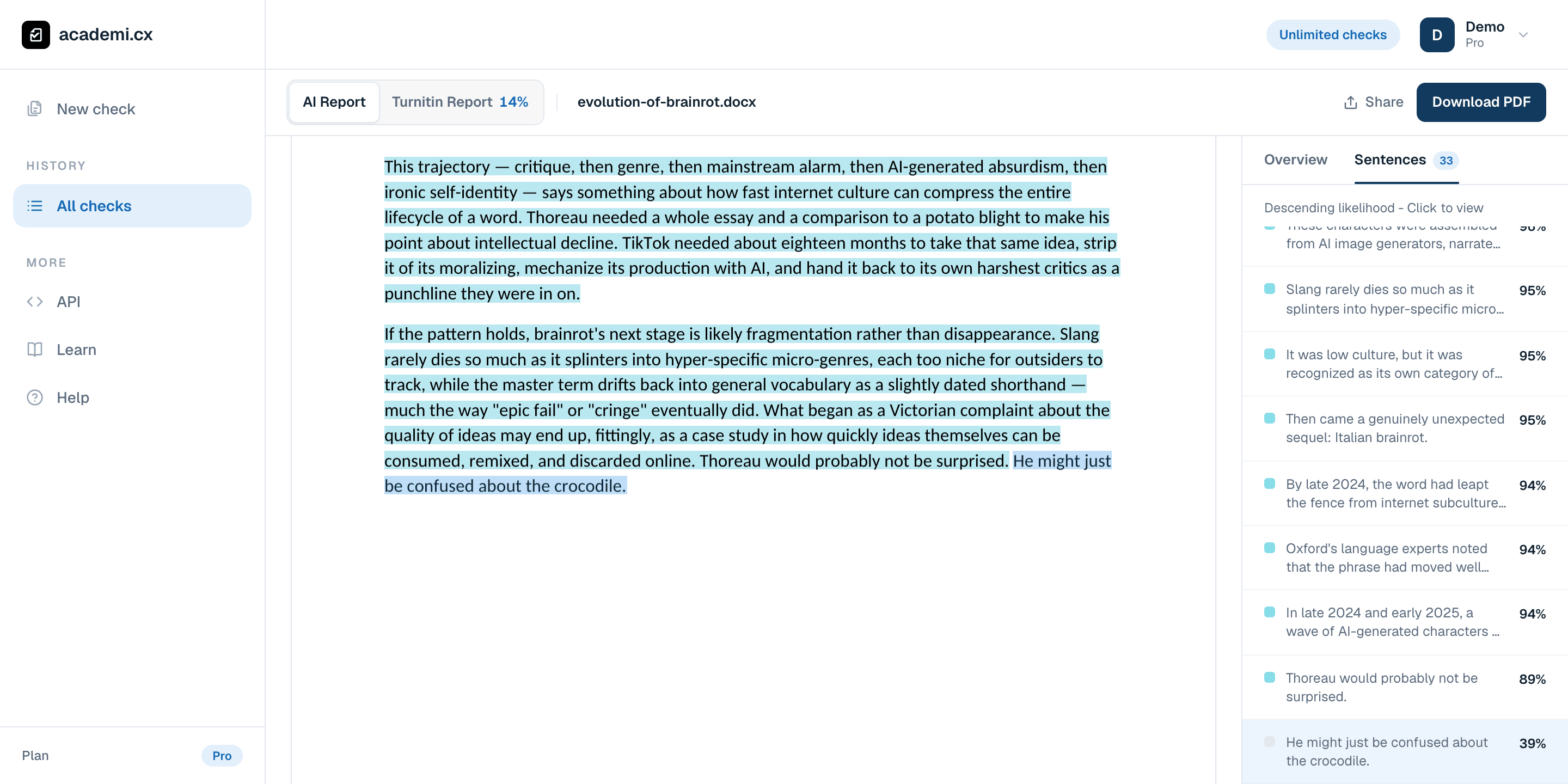The Sentences tab ranks passages and links a selected sentence to its place in the paper