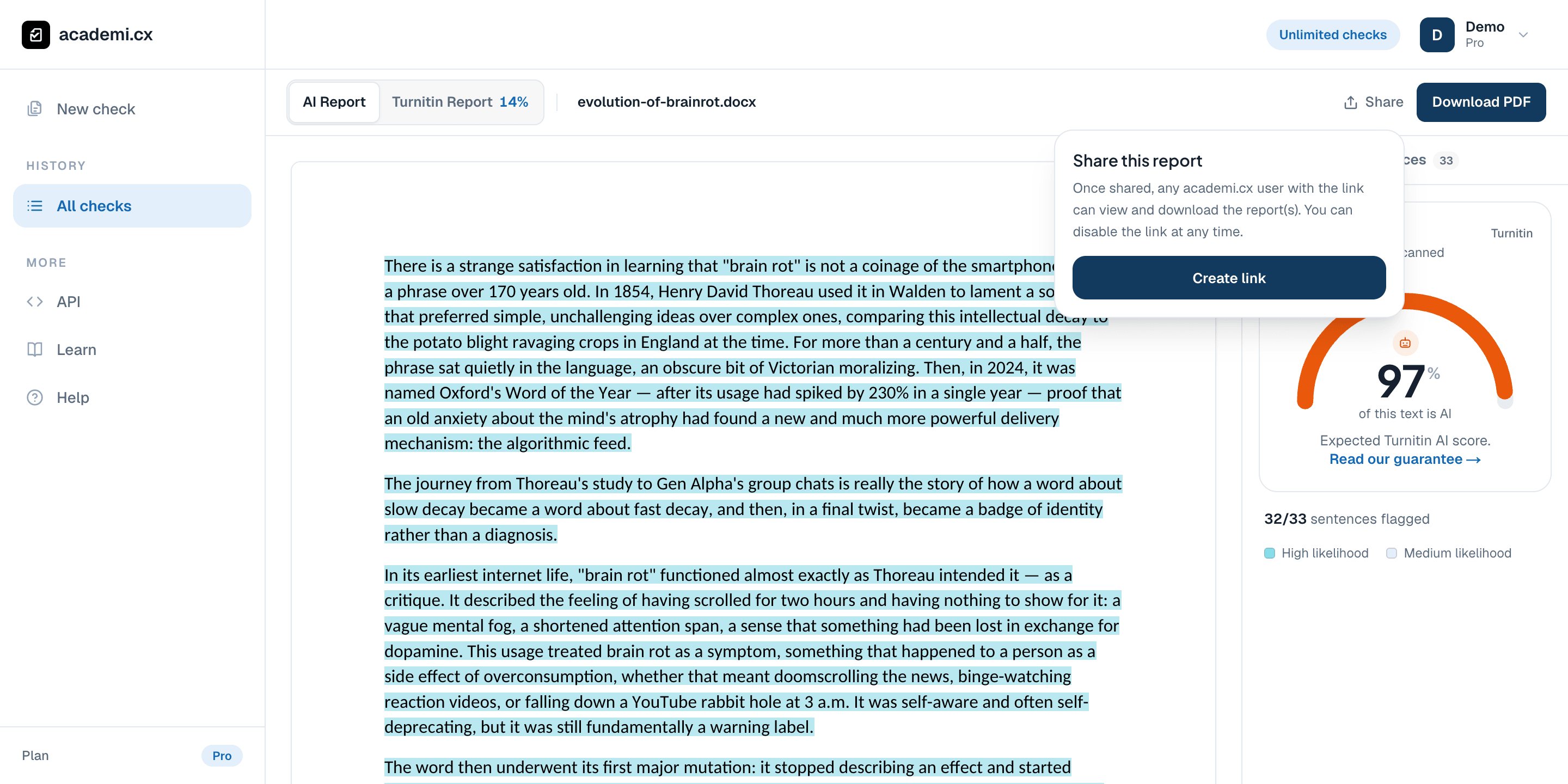 The Share control open on the demo report, showing how to create a shareable link