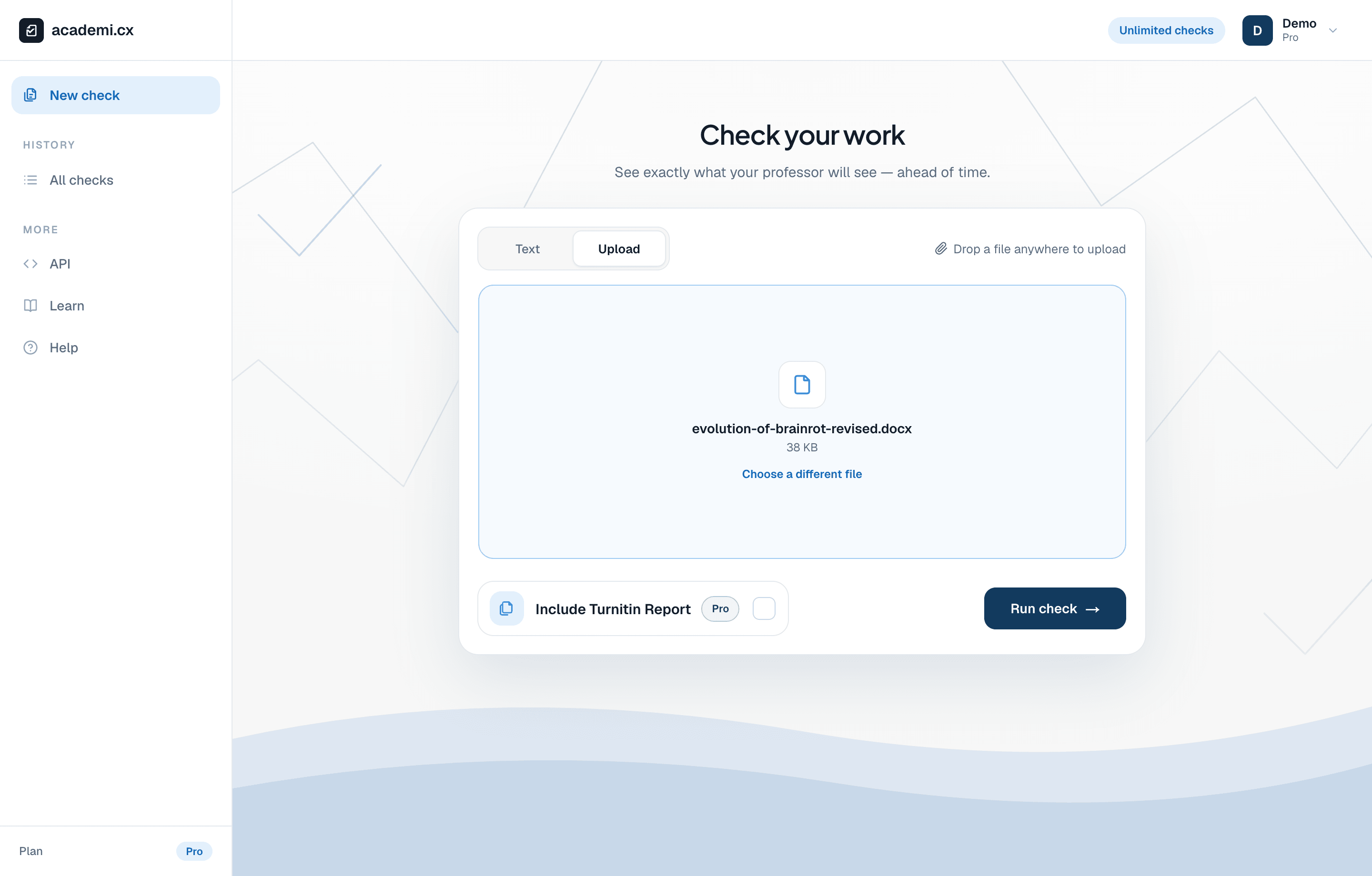 The Upload tab with the revised Word document selected for a new check