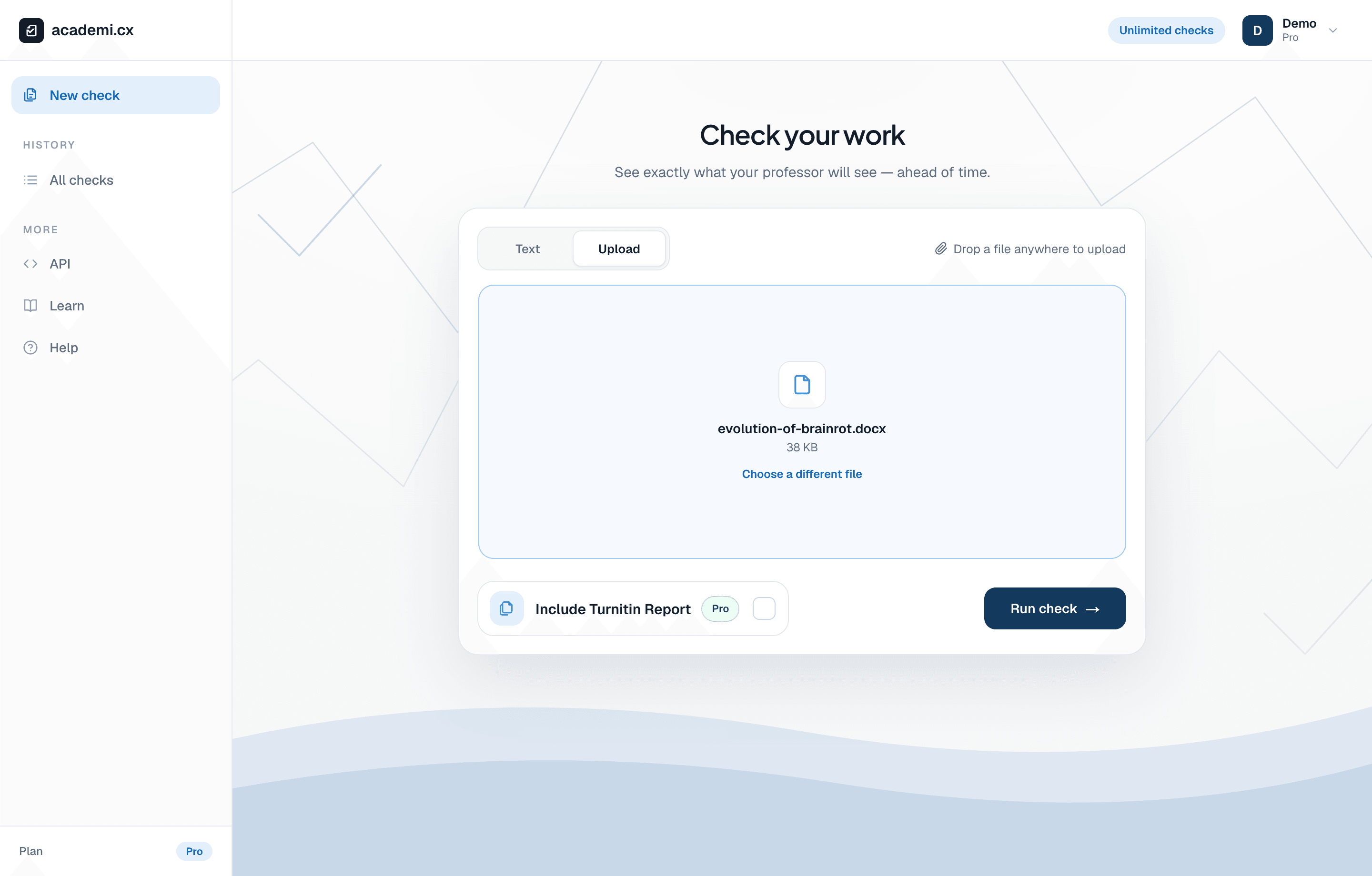 The Upload tab with a Word document selected and Run check ready